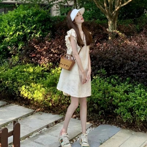 New summer women's French tea break pure lust style high-end small flying sleeve dress for small people in summer