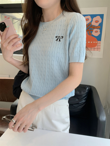 实拍 夏季韩版气质蝴蝶结刺绣麻花设计感轻薄针织短袖上衣女