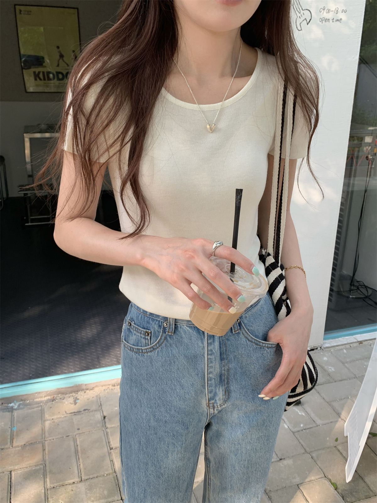 實拍 夏季韓版低圓領純色簡約百搭薄款針織短袖上衣女
