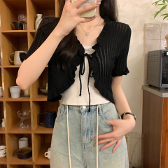 實拍 夏季韓版木耳邊系帶開衫短款防曬針織上衣外搭女