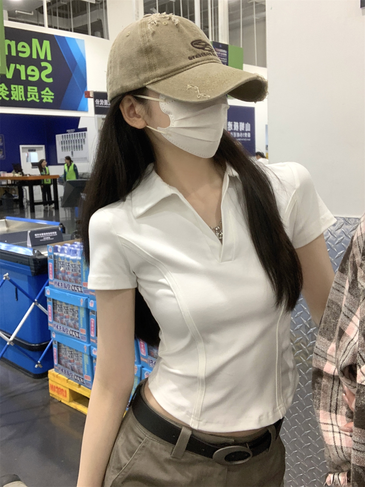 實拍 夏季韓版修身正肩polo領魚骨百搭純色純棉短袖T恤上衣