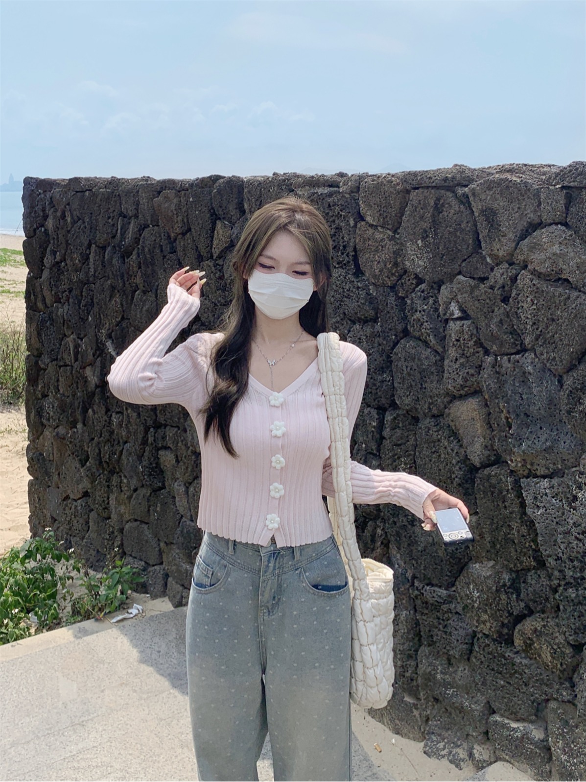 實拍 夏季韓版v領甜美立體花朵單排扣防曬長袖針織開衫上衣