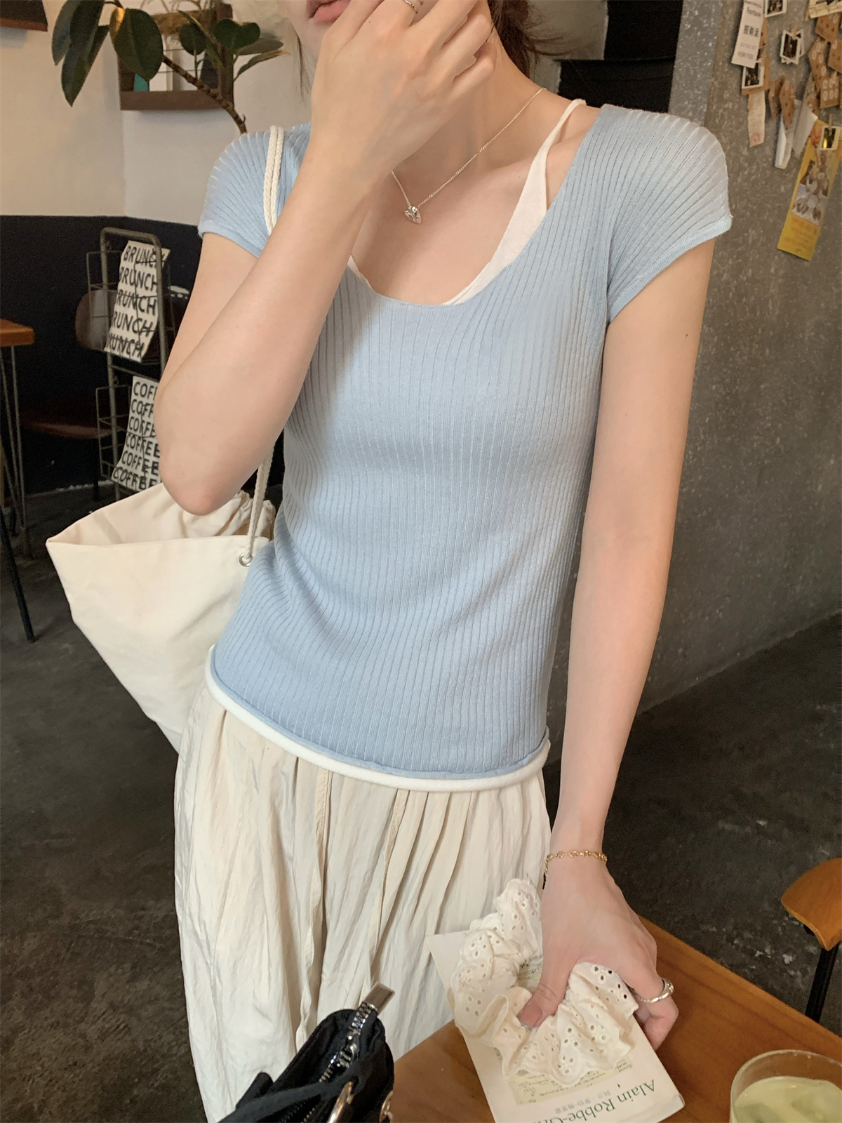 實拍 夏季韓版氣質掛脖撞色假兩件輕薄百搭6羊毛針織短袖上衣