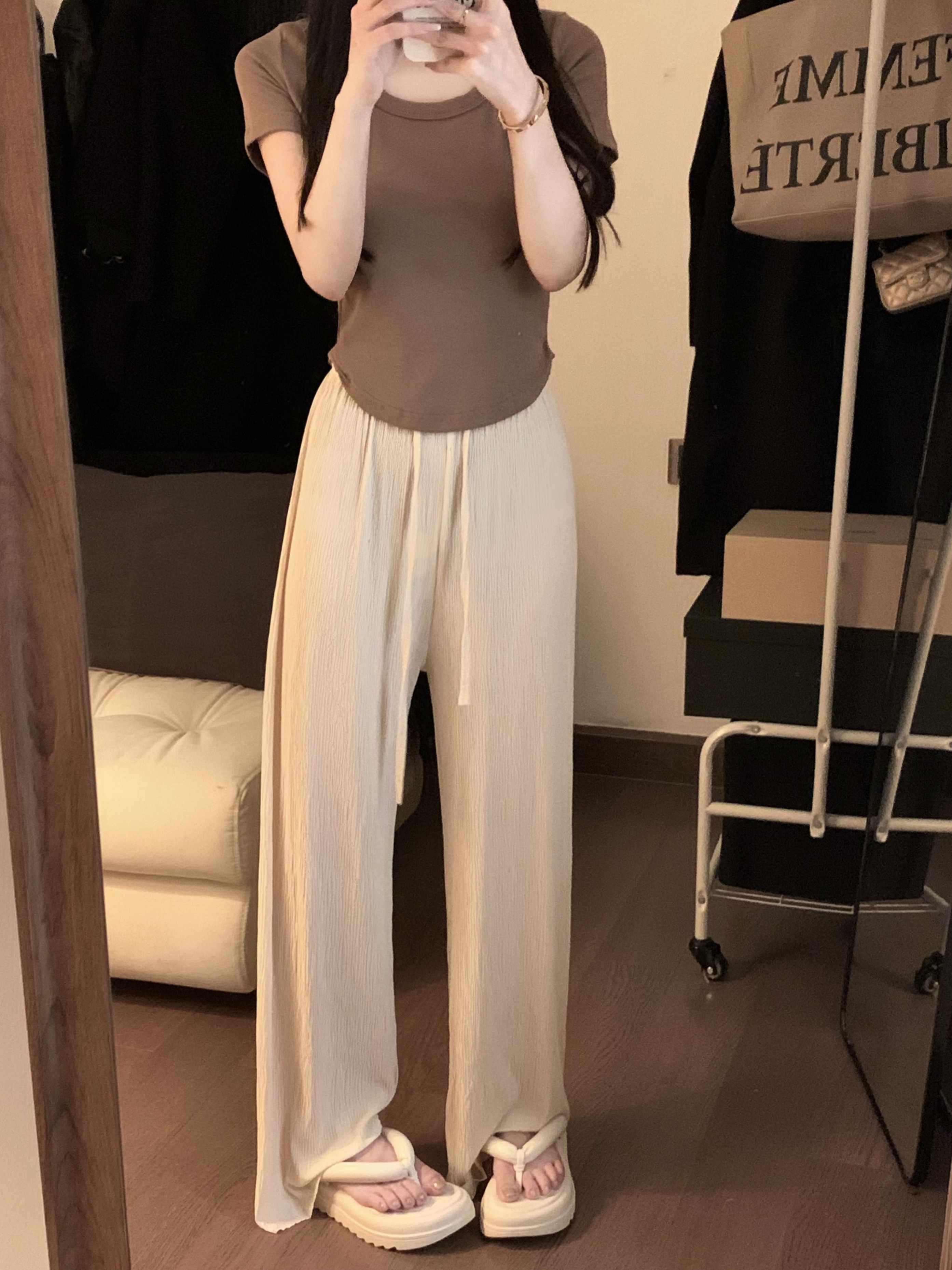實拍~冰絲闊腿褲女夏季涼涼褲高腰休閒褶皺肌理感直筒褲