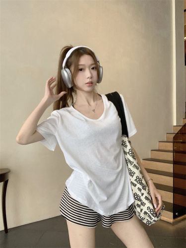 实拍 韩系基础纯色短袖T恤女夏季辣妹设计感宽松显瘦上衣
