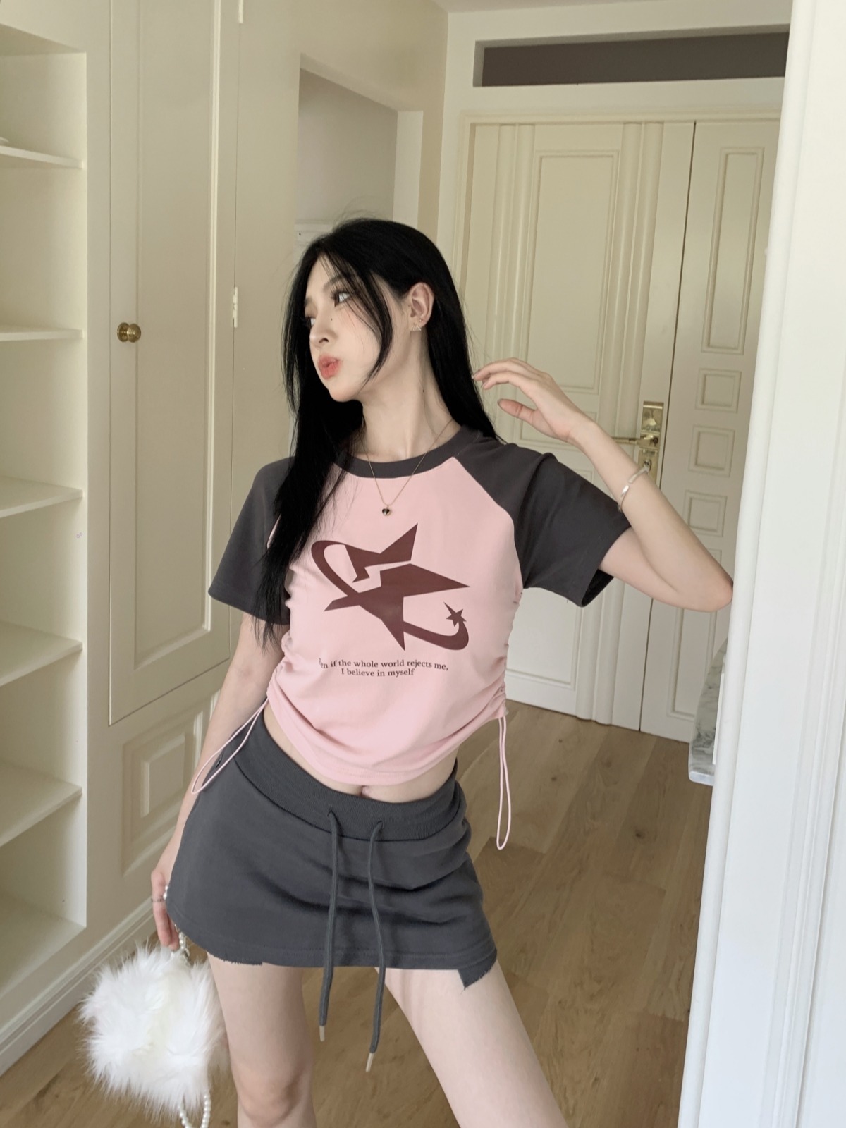 實拍 夏季韓版修身抽繩撞色插肩美式辣妹印花純棉短袖T恤上衣