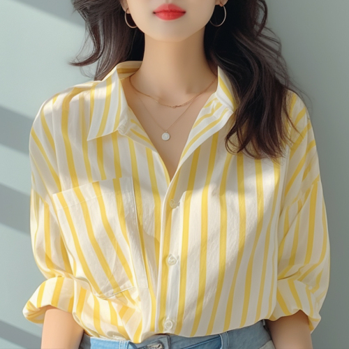 Yellow and white vertical striped shirt for women, early spring new shirt, European style style shirt, popular seaside sun protection shirt