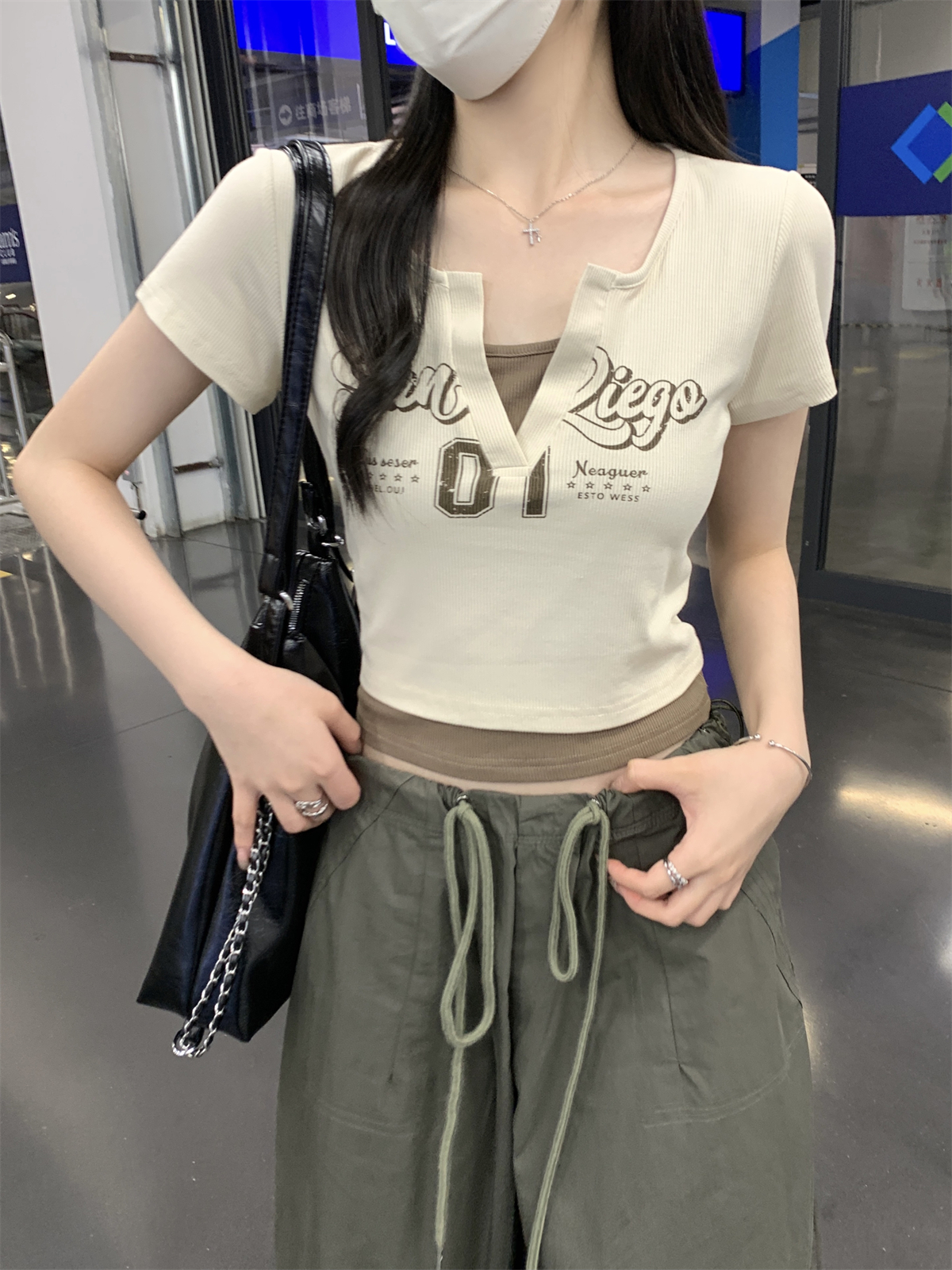 實拍 夏季韓版正肩撞色美式印花假兩件設計感純棉短袖T恤上衣