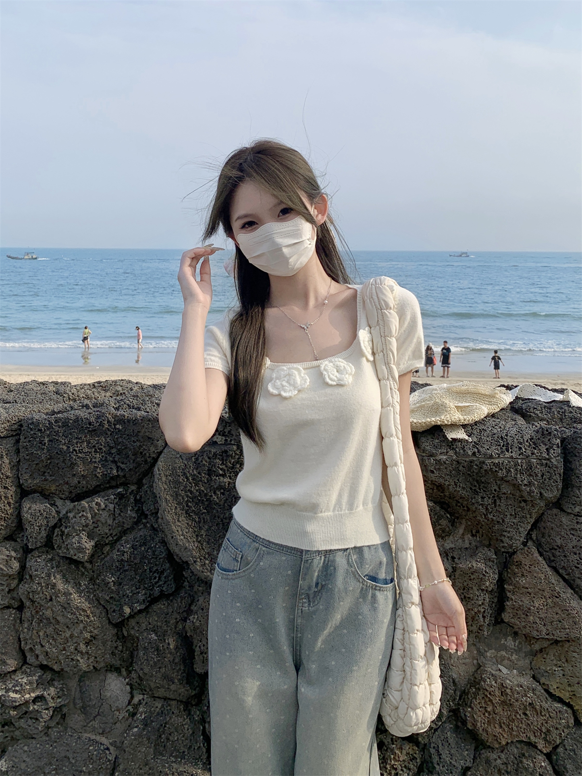實拍 夏季韓版方領立體花朵純欲設計感針織短袖上衣女