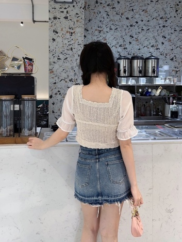 Dongdaemun, South Korea 2024 new summer style French design hollow puff sleeves square neck sweater tops for women trendy