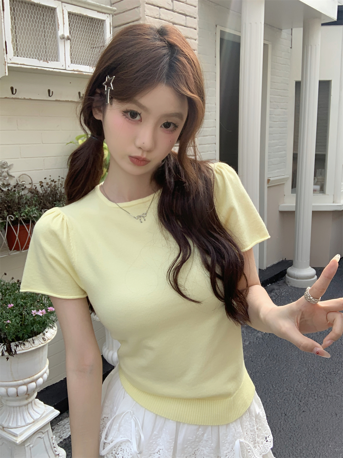 實拍 夏季韓版方領泡泡袖減齡純色百搭安迪絨針織短袖上衣