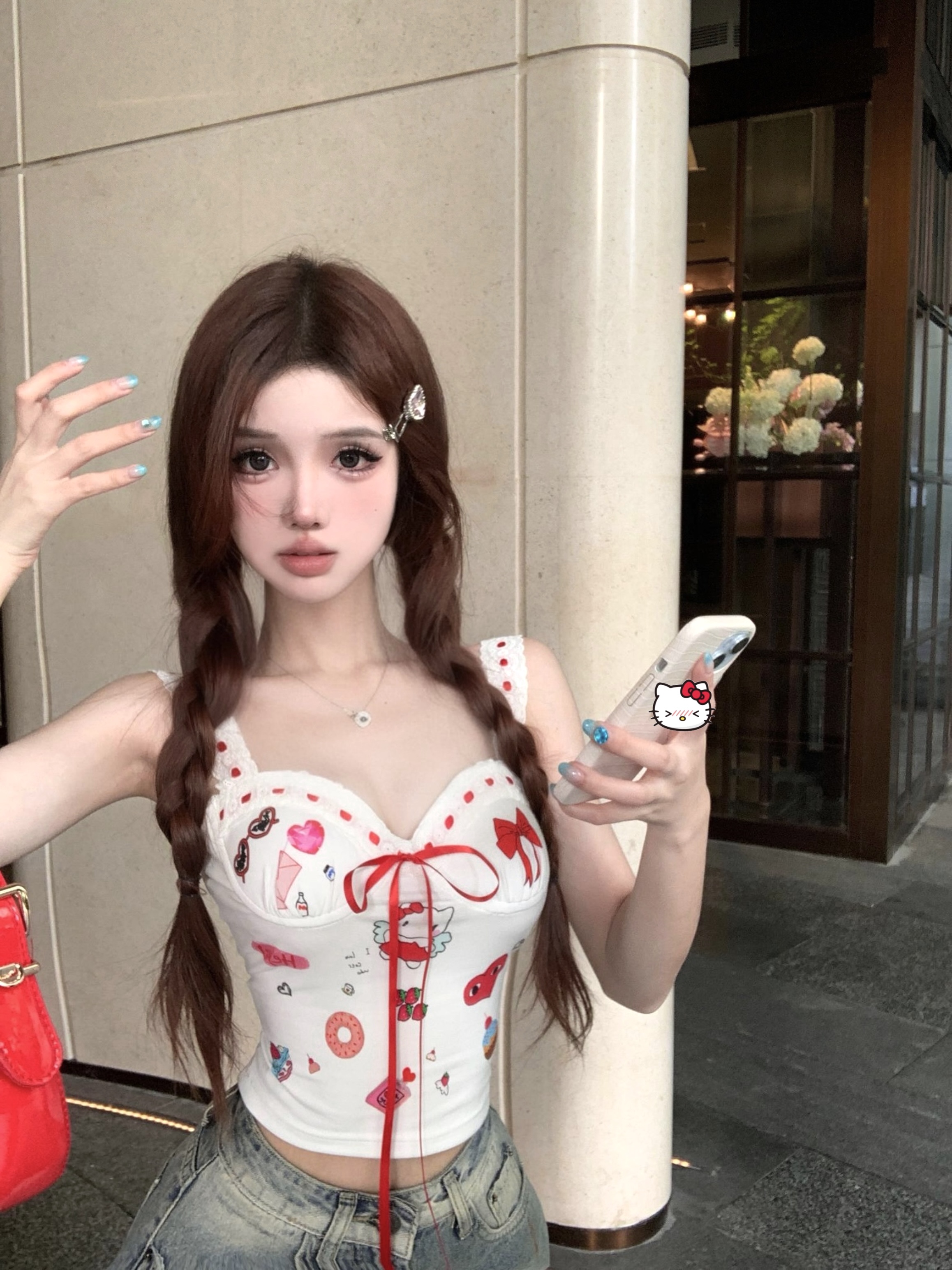 Real shot of hot girl cartoon print age-reducing girl's peach heart collar lace splicing bow strap top with breast pads