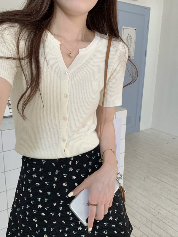 實拍 夏季韓版ins氣質半開領6羊毛輕薄單排扣針織短袖上衣女