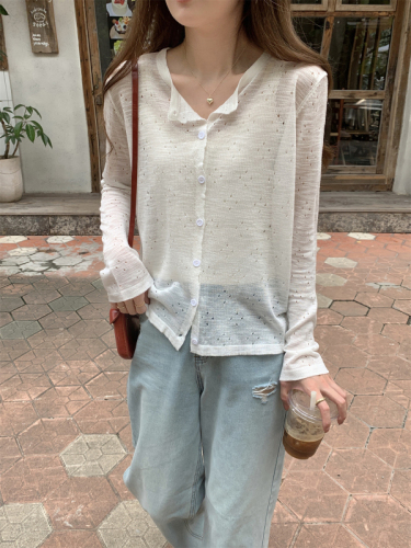 Summer Korean style loose hollow bamboo linen thin sun protection cardigan versatile knitted top for outer wear