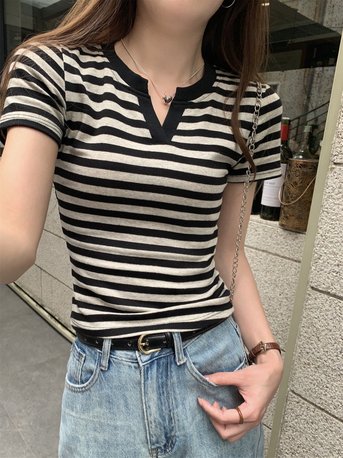實拍 夏季韓版修身半開領復古撞色條紋百搭純棉短袖T恤上衣