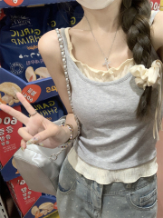 Summer Korean-style slim-fit pure desire color-blocking two-piece design-conscious pure cotton spaghetti strap top