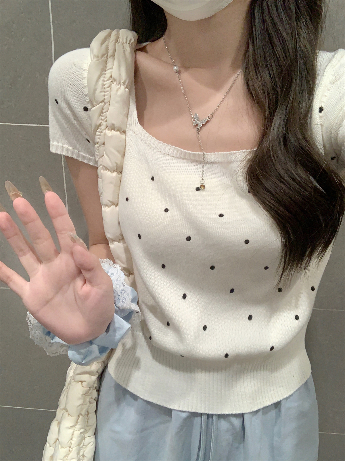 實拍 夏季韓版方領甜美波點減齡6羊毛針織短袖上衣女