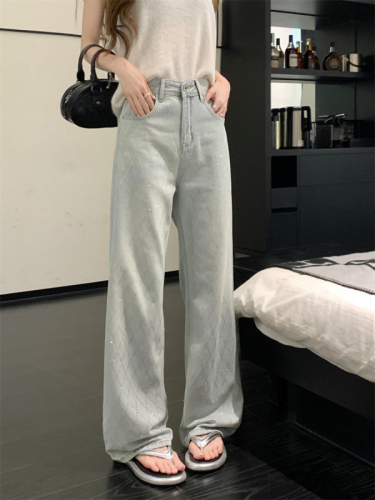 Actual shot ~ Summer new high temperature rhombus perm jeans for women, versatile slimming straight-leg floor mopping pants