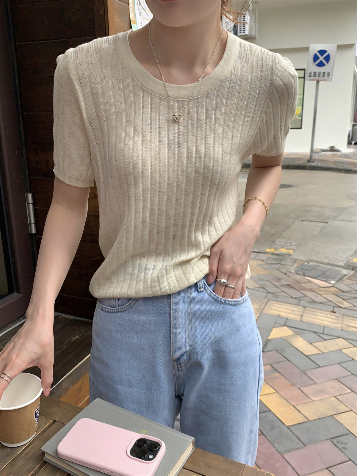 實拍 夏季韓版圓領純色簡約百搭坑條6羊毛針織短袖上衣女