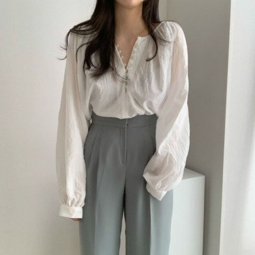 Korean chic French niche long-sleeved tops retro Hong Kong style simple temperament loose slimming versatile shirt for women