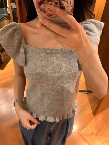 EAR RAE Summer 100 Wool Small Flying Sleeves Camisole Small Square Neck Lace Knitted Sleeveless Top for Women