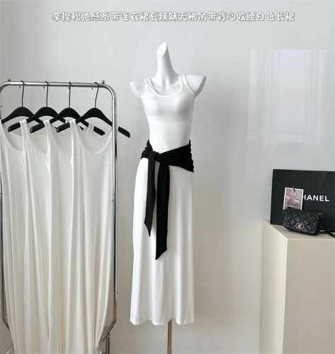 0122stepll takes care of the looseness of the strappy dress, summer hot girl sleeveless camisole, waist-cinching white long skirt