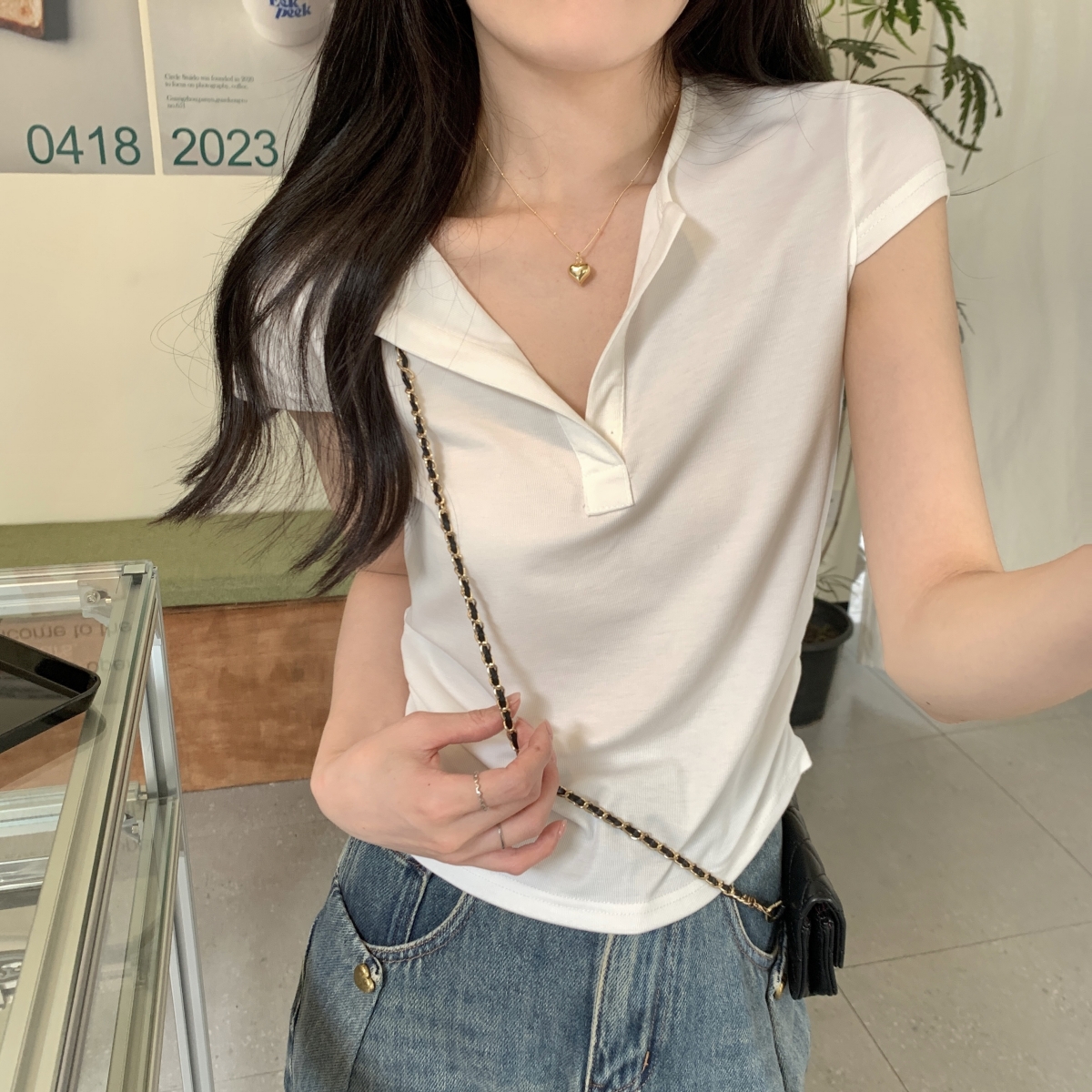 實拍 夏季韓版氣質半開領褶皺設計感百搭純棉短袖T恤女上衣