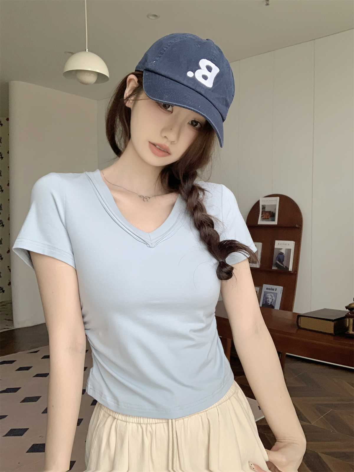 實拍 夏季韓版修身正肩v領糖果色百搭純棉短袖T恤上衣女