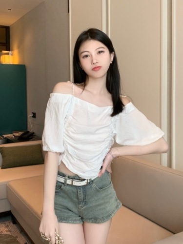 Real shot of scheming clavicle design retro drawstring pleated short-sleeved shirt T-shirt top