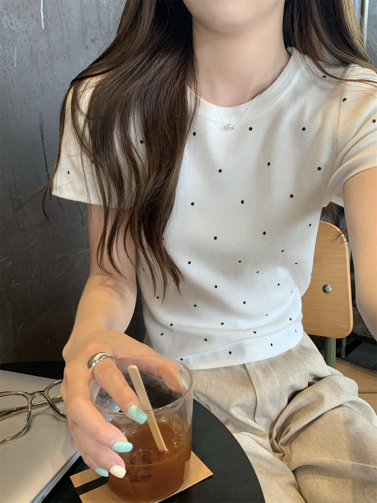 實拍 夏季韓版圓領波點百搭減齡安迪絨針織短袖上衣女