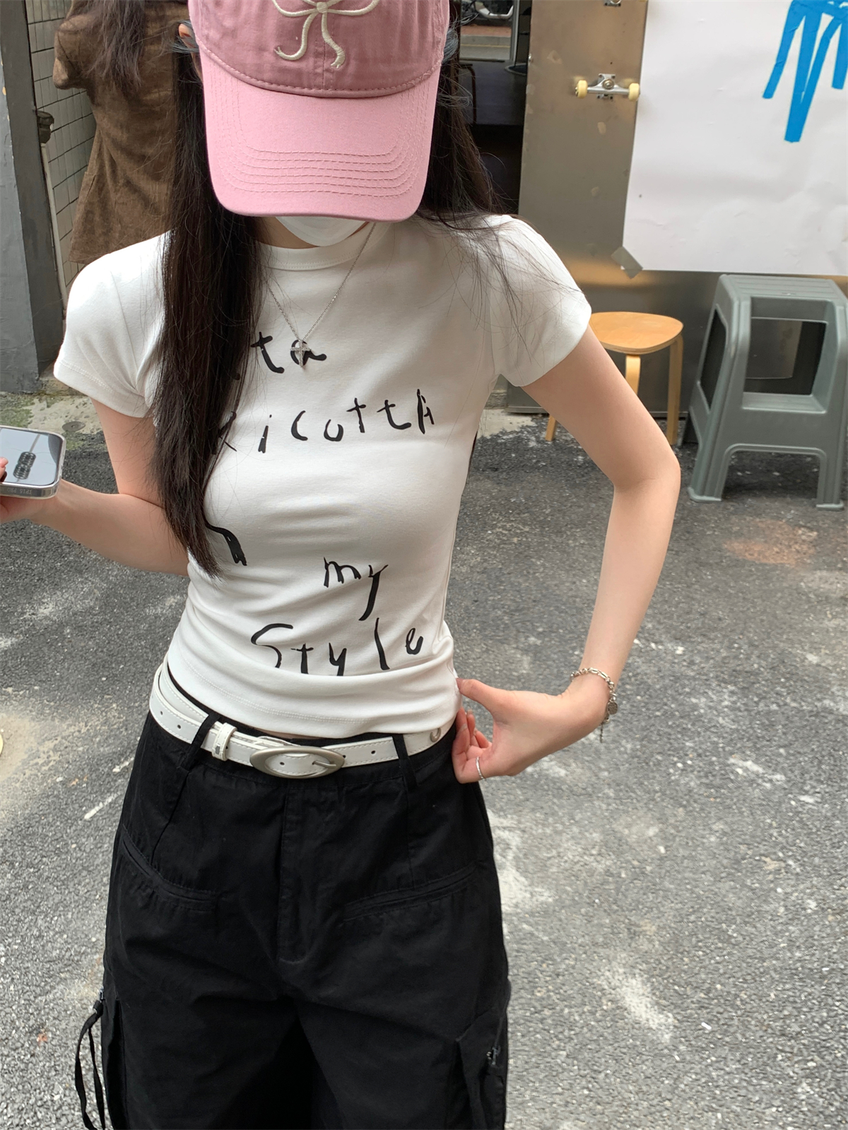 實拍  夏季韓版修身圓領字母印花辣妹設計感純棉短袖上衣T恤