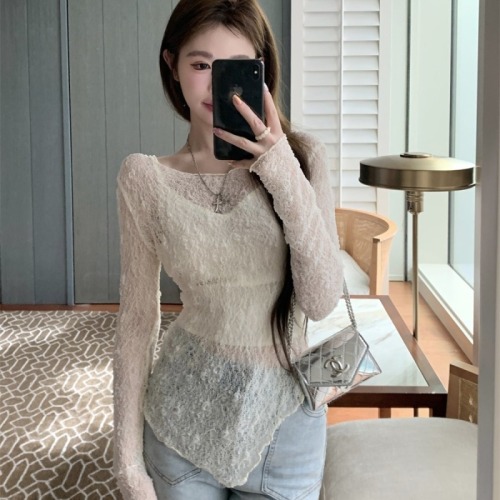 Summer sexy hot girl micro-transparent hollow irregular T-shirt long-sleeved sun protection clothing + solid color high-waist suspender two-piece set