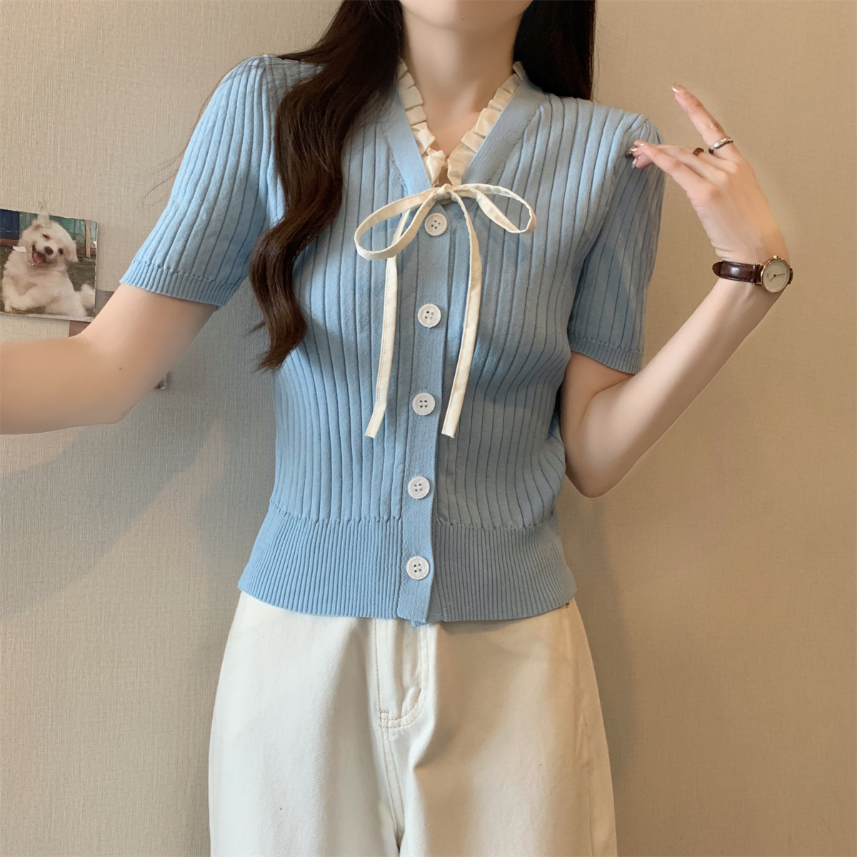 實拍 夏季韓版v領拼接單排扣系蝴蝶結甜美針織短袖開衫上衣