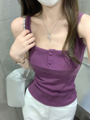 實拍 夏季韓版修身純欲方領紐扣顯瘦百搭純棉背心T恤上衣