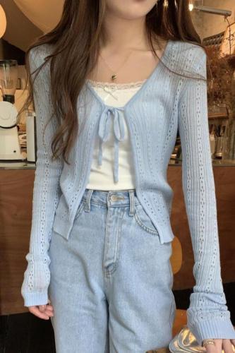 Photographed Summer Korean Version BM Tapered Elegant V-Neck Belted Open Knit Top for Women, Holes, Sun Protection, Outerwear