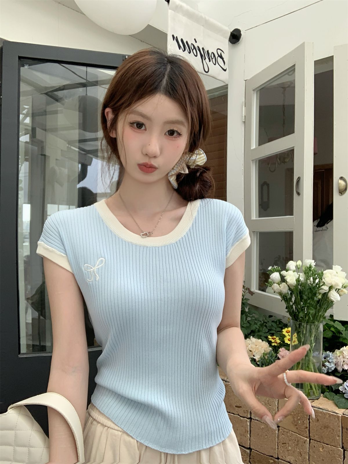 實拍 夏季韓版撞色氣質蝴蝶結繡花百搭顯示針織短袖上衣女