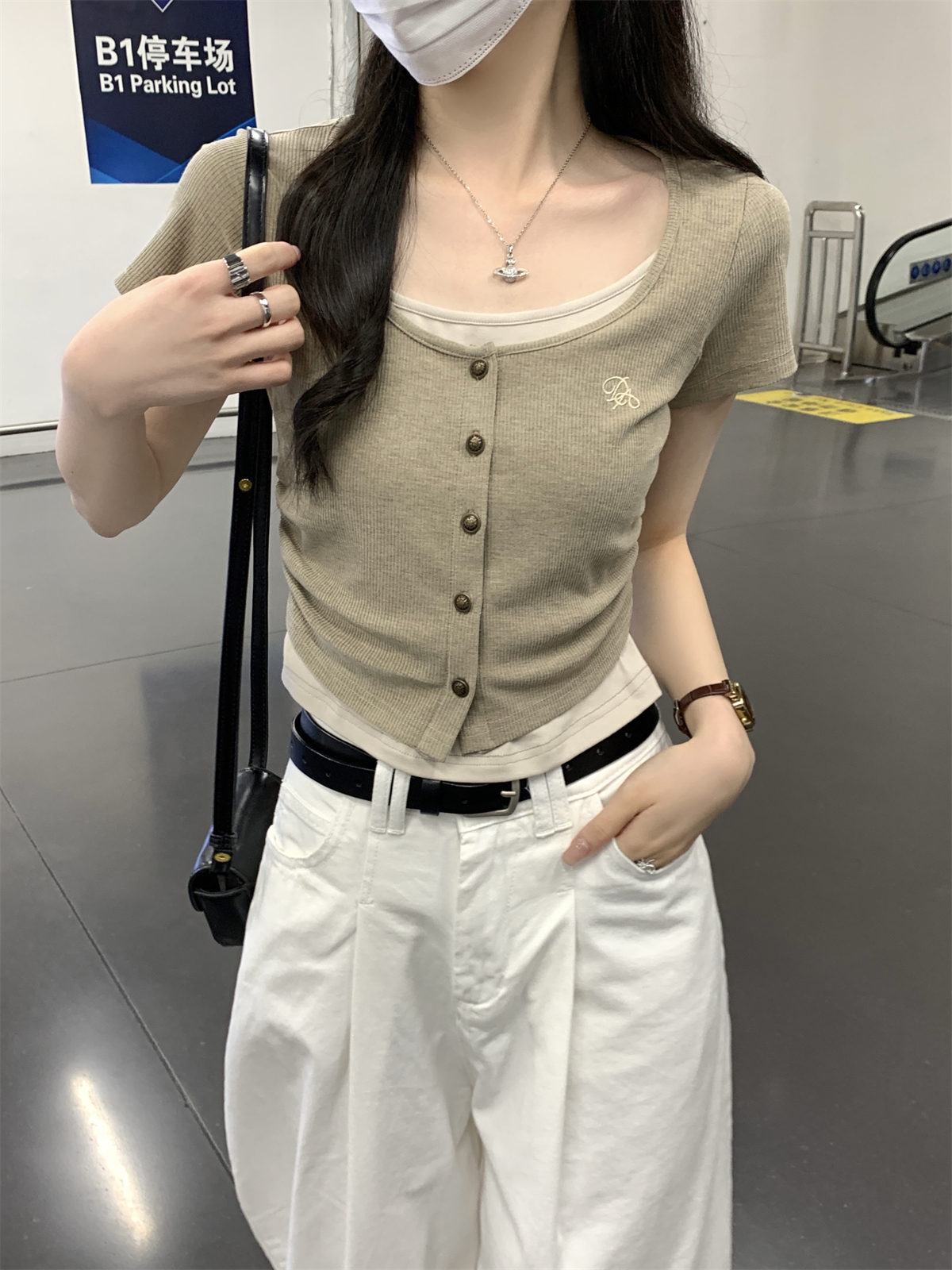 實拍 夏季韓版撞色假兩件單排扣褶皺設計感純棉短袖T恤上衣