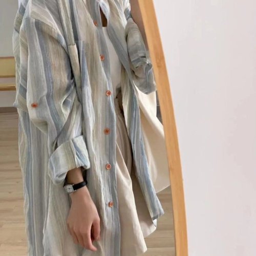 Summer smudged watercolor texture cotton gauze striped sunscreen shirt spring and summer loose and versatile lightweight long-sleeved top for women