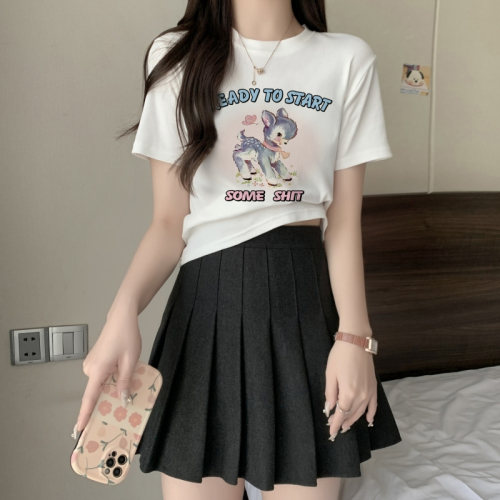 实拍韩版夏季新款卡通小鹿印花减龄短款短袖T恤