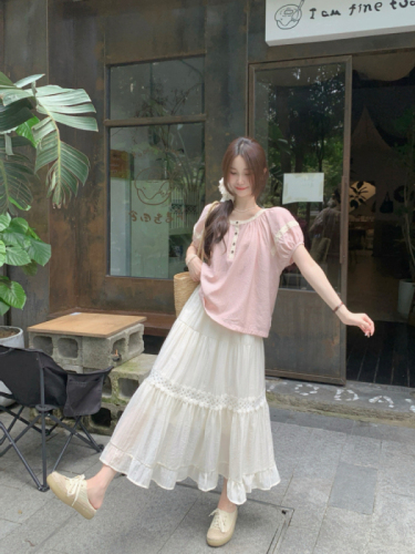 实拍！韩系甜美蕾丝拼接短袖衬衫上衣法式a字百搭半身裙套装
