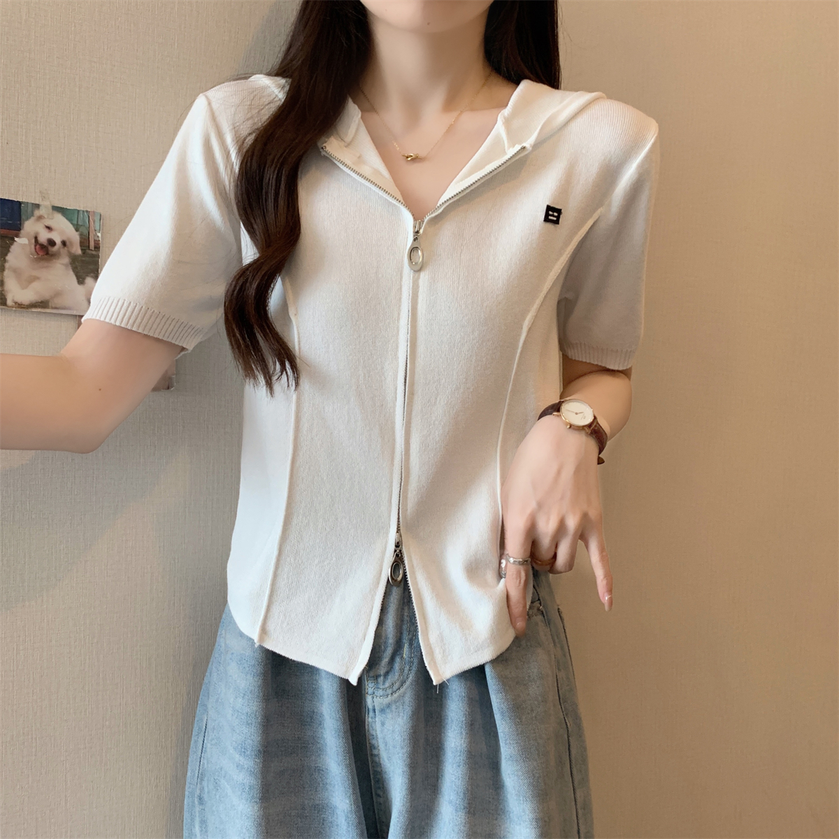 實拍 夏季韓版連帽魚骨雙拉鏈開衫設計感百搭針織短袖上衣女