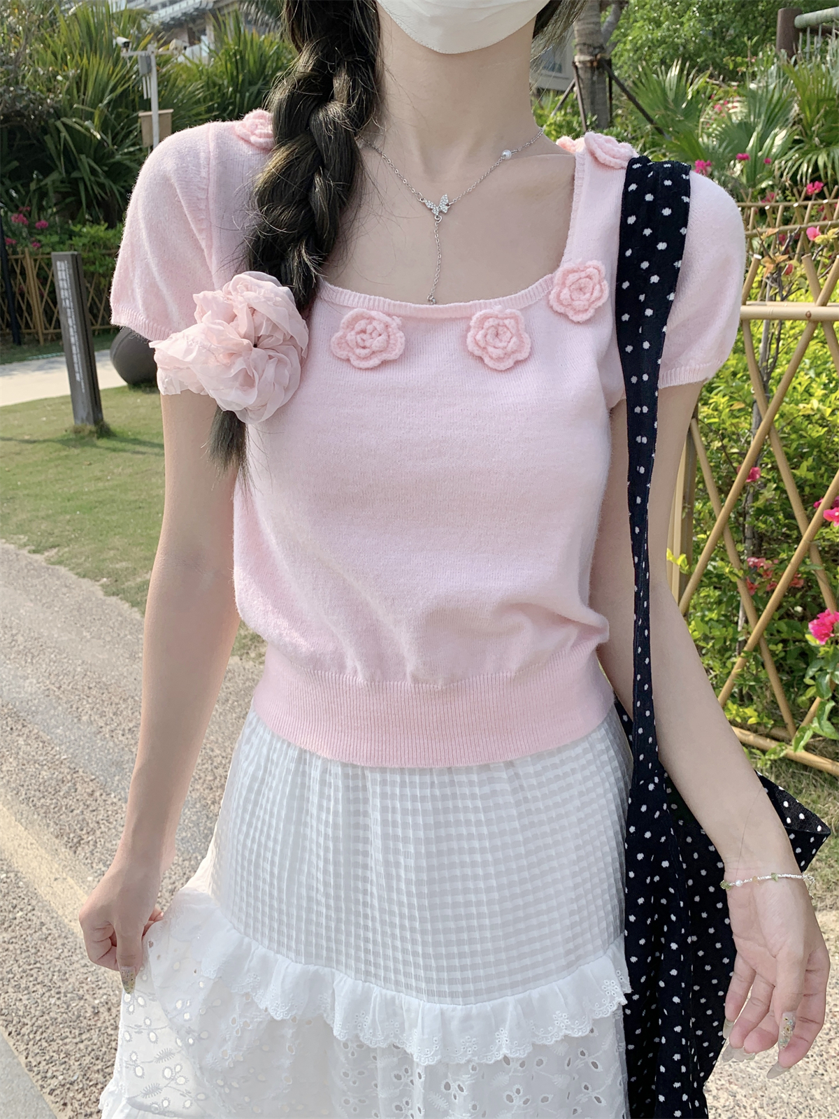 實拍 夏季韓版方領立體花朵甜美高級設計感針織短袖上衣女