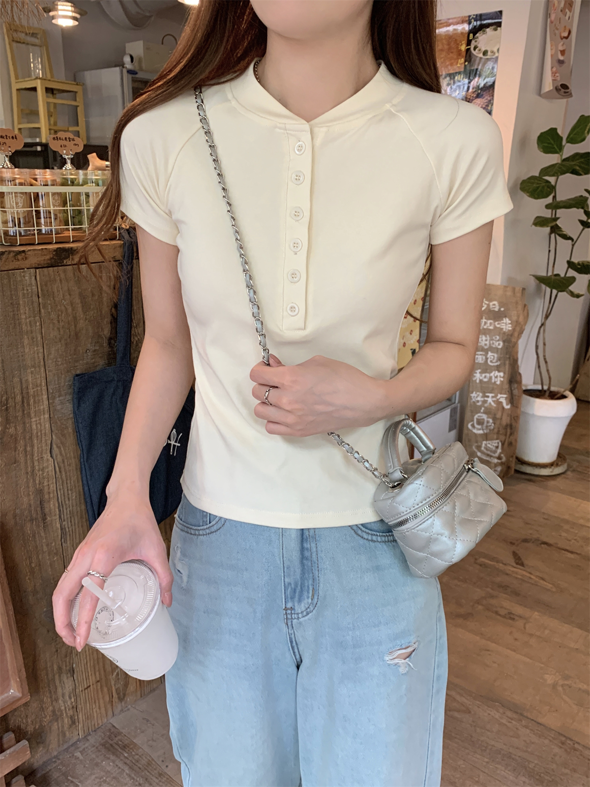 Real shot Summer Korean style slim raglan elegant button design versatile cotton short-sleeved top T-shirt