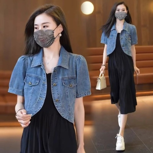 Fashionable retro denim shirt jacket for women summer 2024 new camisole skirt with shirt two-piece set