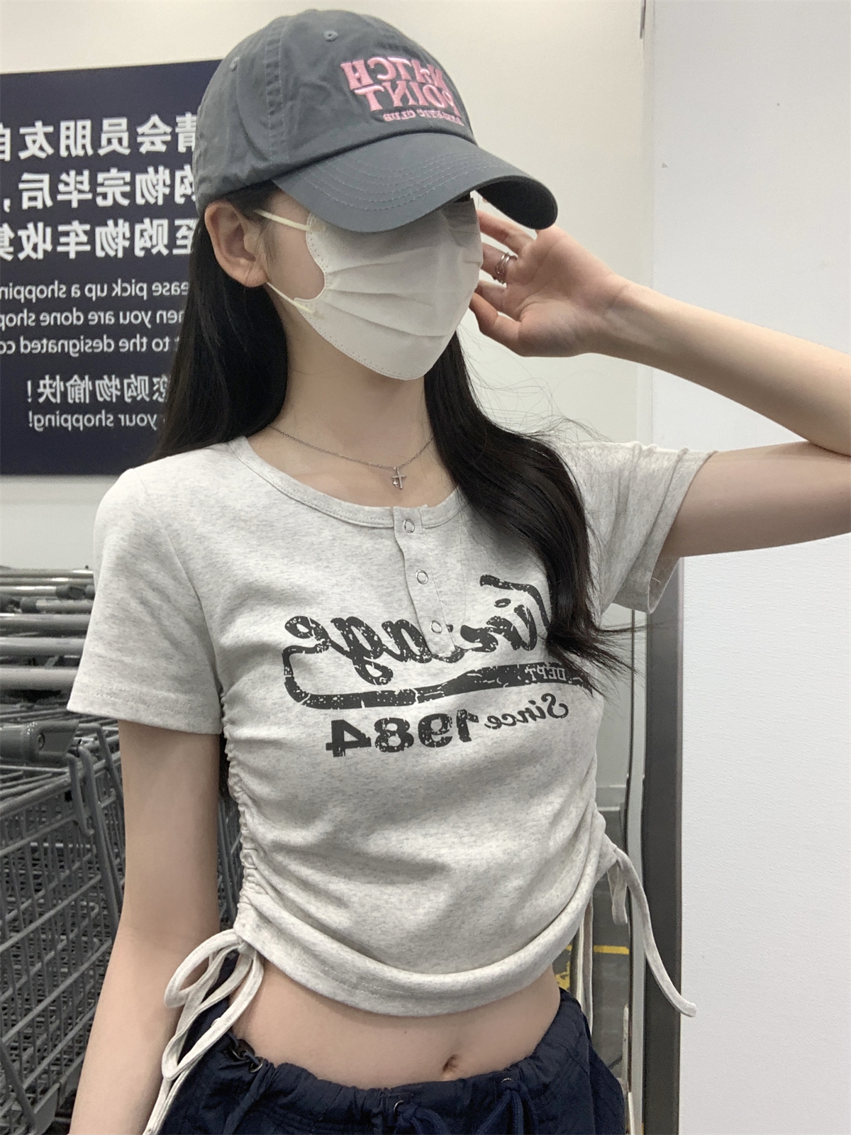 實拍 夏季韓版修身字母印花抽繩紐扣設計感純棉短袖T恤上衣