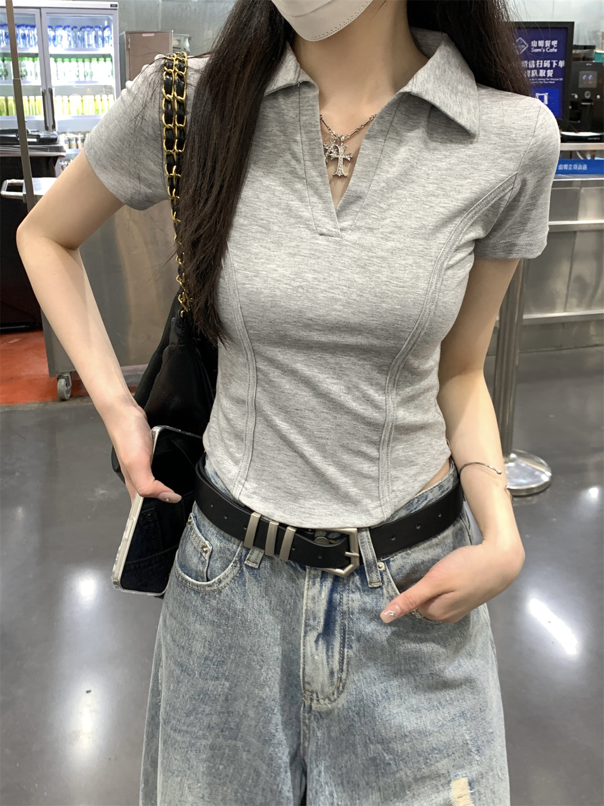 實拍 夏季韓版修身正肩polo領魚骨氣質百搭純棉短袖T恤上衣女