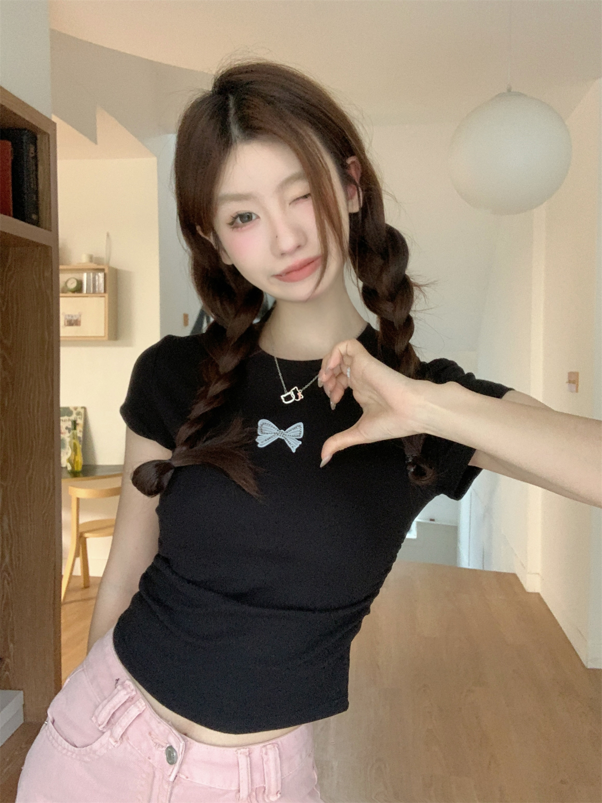 實拍 夏季韓版修身褶皺減齡蝴蝶結燙鑽設計感純棉短袖T恤上衣