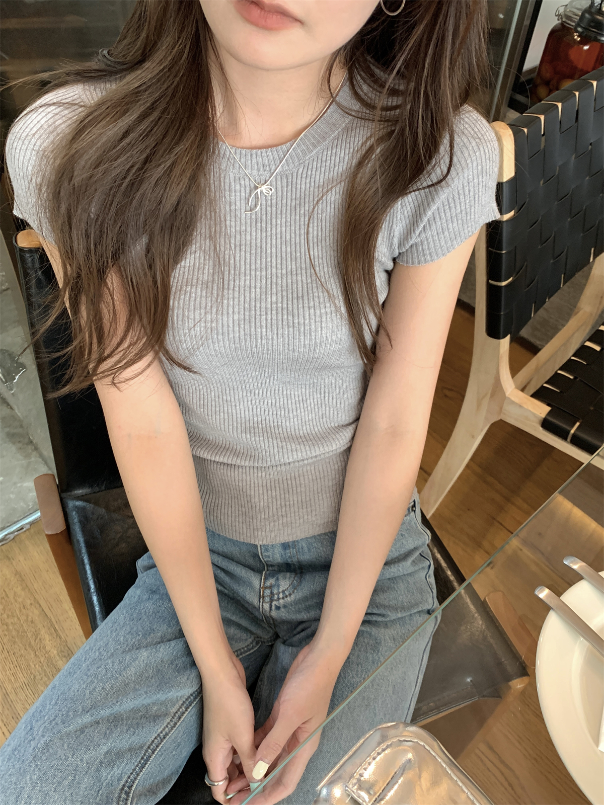 實拍 夏季韓版修身圓領氣質百搭純色安迪絨針織短袖上衣女