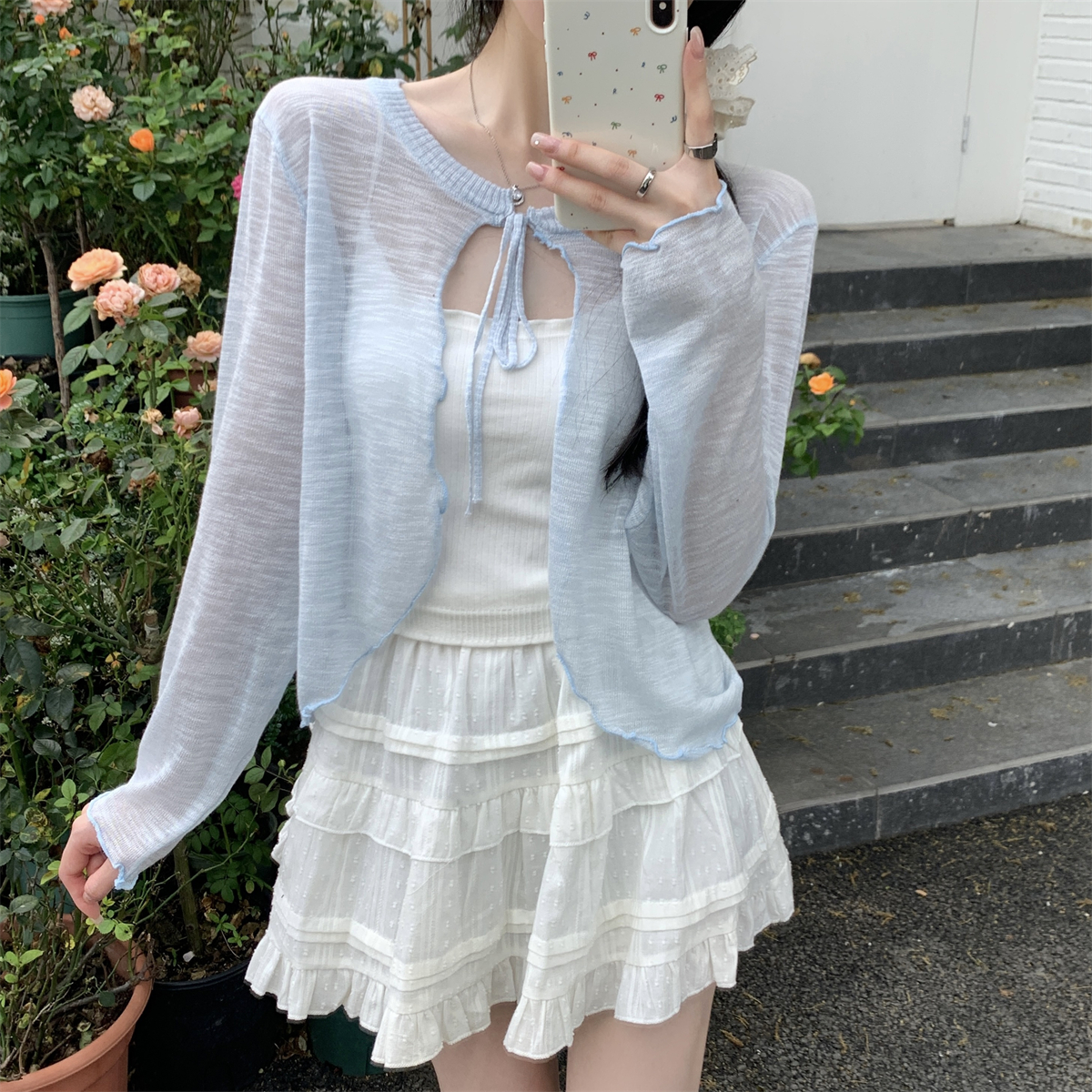 實拍 夏季韓版百搭寬鬆系帶開衫木耳邊竹節麻防曬針織上衣女