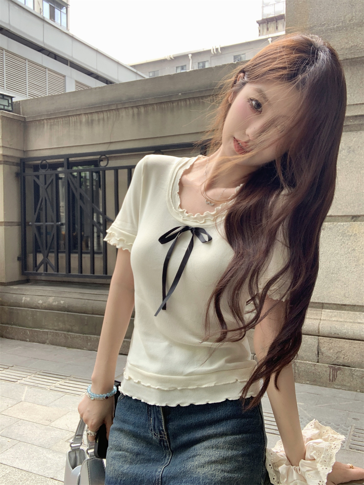 Summer Korean Style Double Layer Earbud Edge Bowknot Youthful Design Knit Short Sleeve Top for Women